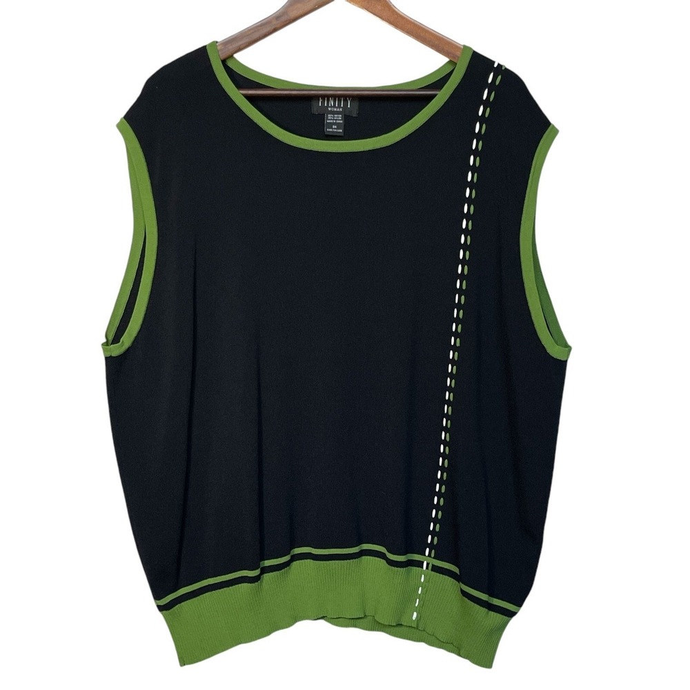 Finity Woman Sweater Vest Women 3X Black Green Knit Sleeveless Crew Neck